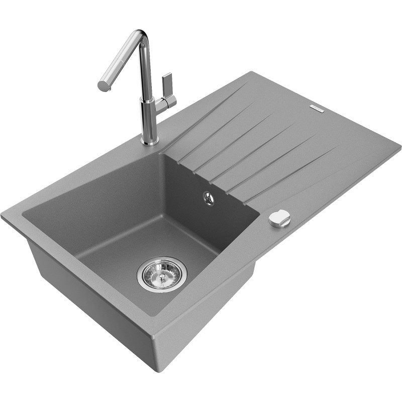 Mexen Cesar Granitspüle 1-becken mit Abtropffläche und Küchenarmatur Flora, grau - 6514-71-670401-00