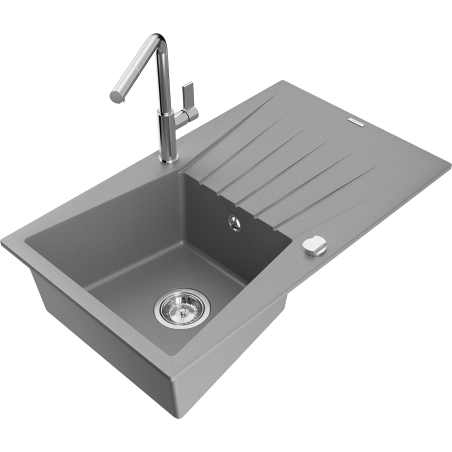 Mexen Cesar Granitspüle 1-becken mit Abtropffläche und Küchenarmatur Flora, grau - 6514-71-670401-00