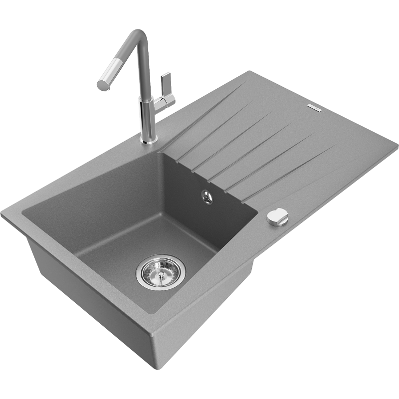 Mexen Cesar Granitspüle 1-Becken mit Abtropffläche und Küchenarmatur Flora, grau - 6514-71-670401-06