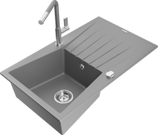 Mexen Cesar Granitspüle 1-Becken mit Abtropffläche und Küchenarmatur Flora, grau - 6514-71-670401-06