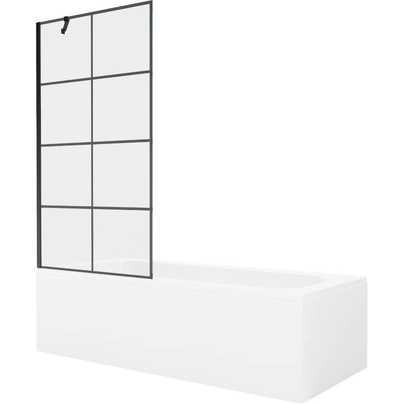 Mexen Vega Rechteckige Badewanne 160 x 70 cm mit Verkleidung und 1-flügeliger Duschabtrennung 90 cm, schwarzes Muster