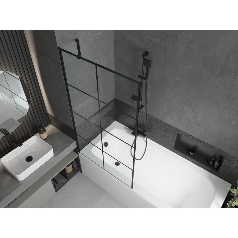 Mexen Vega Rechteckige Badewanne 160 x 70 cm mit Verkleidung und 1-flügeliger Duschabtrennung 90 cm, schwarzes Muster