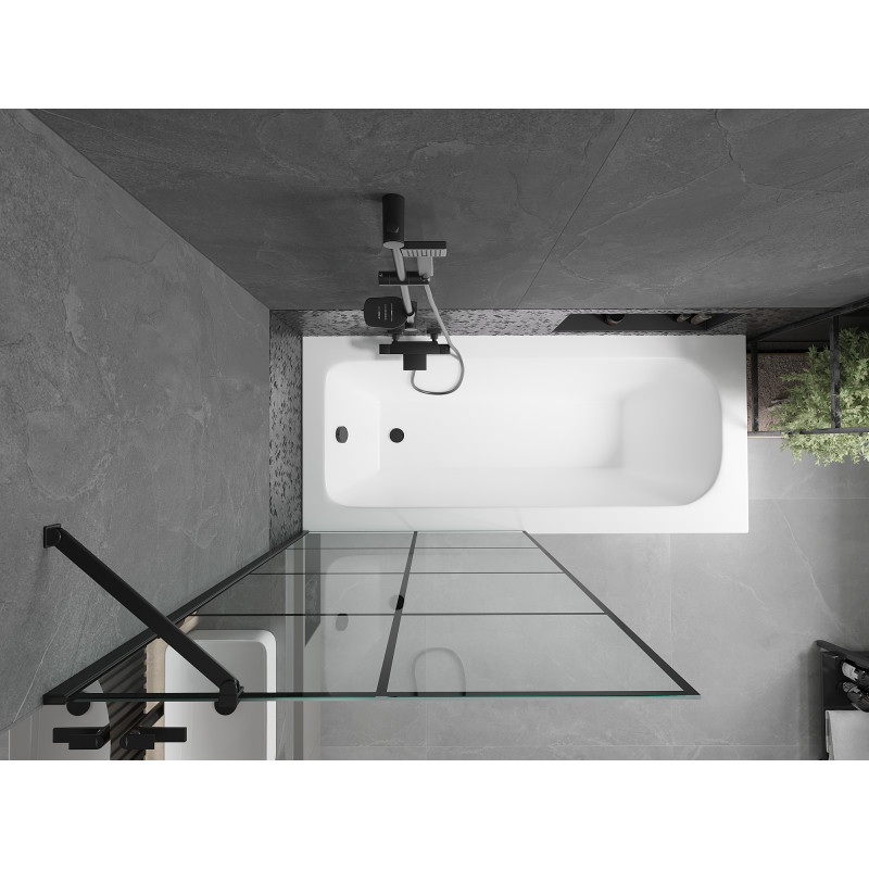 Mexen Vega Rechteckige Badewanne 160 x 70 cm mit Verkleidung und 1-flügeliger Duschabtrennung 90 cm, schwarzes Muster
