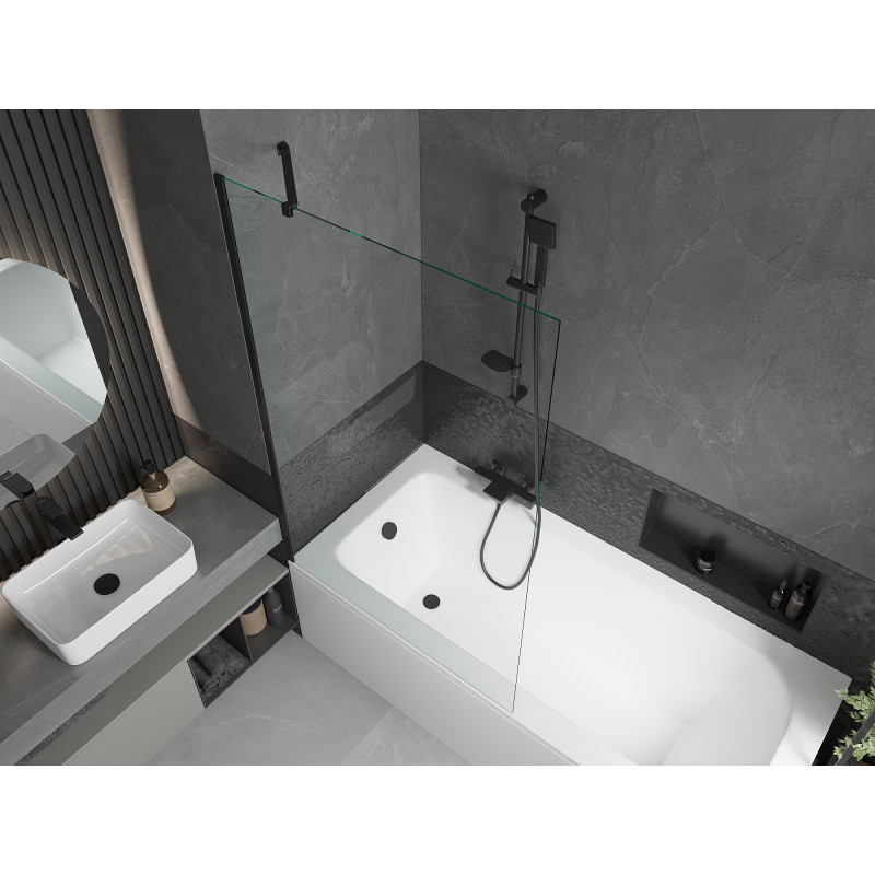 Mexen Vega Rechteckige Badewanne 160 x 70 cm mit Verkleidung und 1-flügeliger Abtrennung 100 cm, transparent, schwarz