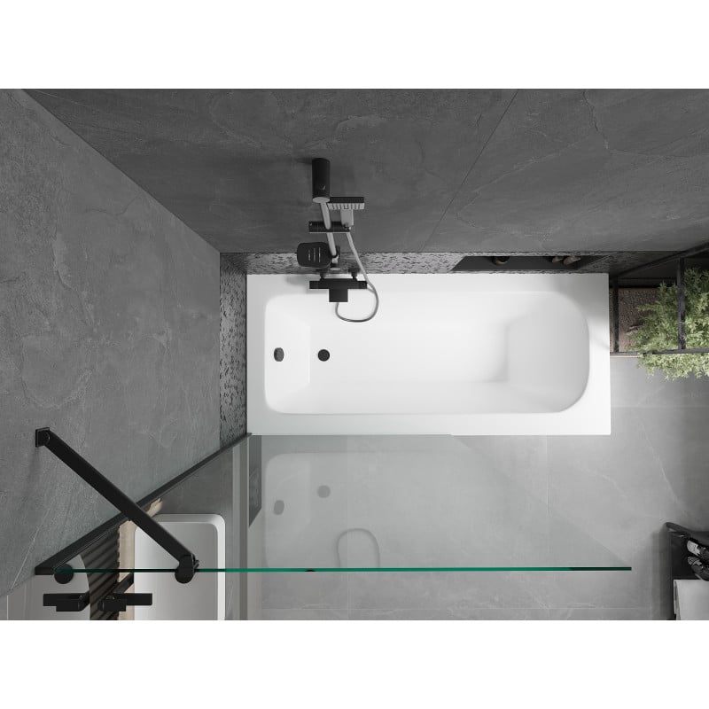 Mexen Vega Rechteckige Badewanne 160 x 70 cm mit Verkleidung und 1-flügeliger Abtrennung 100 cm, transparent, schwarz