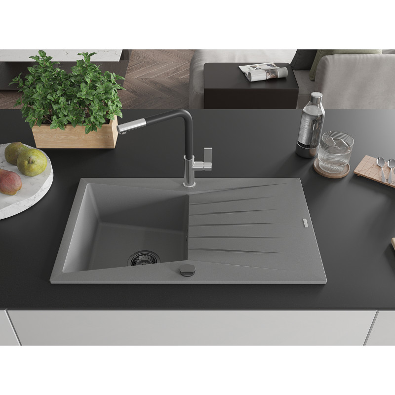 Mexen Cesar Granitspüle 1-Becken mit Abtropffläche und Küchenarmatur Flora, grau - 6514-71-670401-07-B