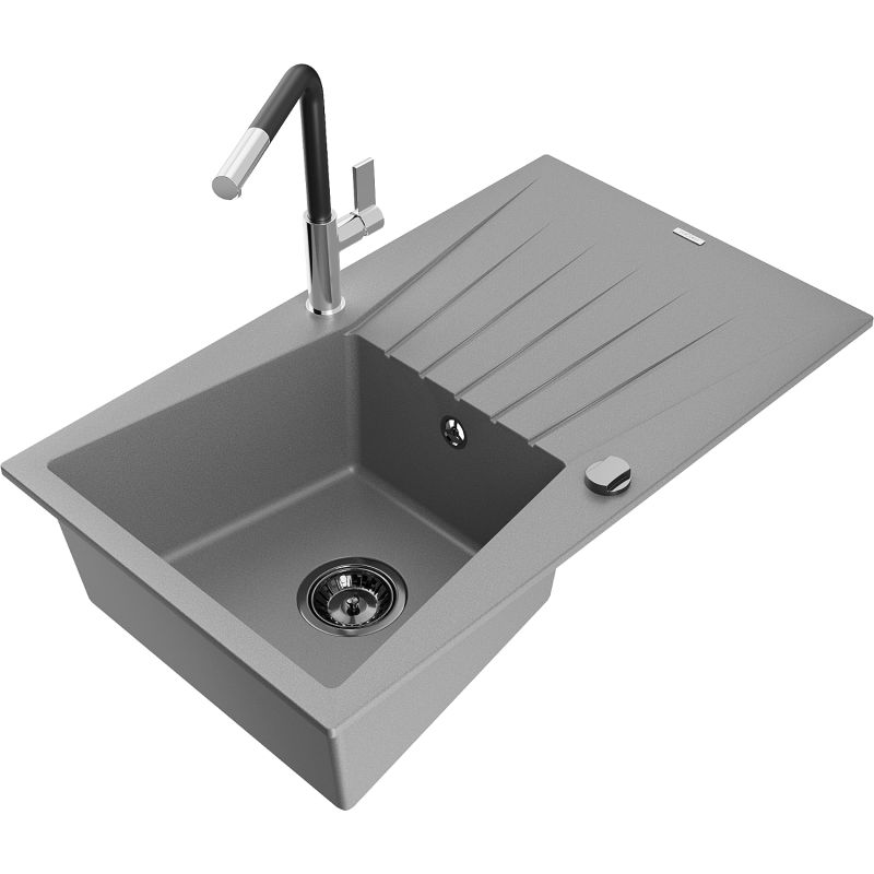 Mexen Cesar Granitspüle 1-Becken mit Abtropffläche und Küchenarmatur Flora, grau - 6514-71-670401-07-B