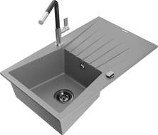 Mexen Cesar Granitspüle 1-Becken mit Abtropffläche und Küchenarmatur Flora, grau - 6514-71-670401-07-B
