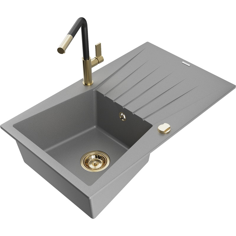 Mexen Cesar Granitspüle 1-Becken mit Abtropffläche und Küchenarmatur Flora, grau - 6514-71-670401-57-G