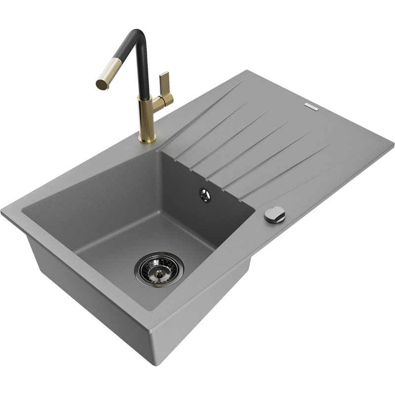 Mexen Cesar Granitspüle 1-Becken mit Abtropffläche und Küchenarmatur Flora, grau - 6514-71-670401-57-B