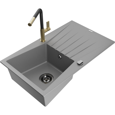 Mexen Cesar Granitspüle 1-Becken mit Abtropffläche und Küchenarmatur Flora, grau - 6514-71-670401-57-B