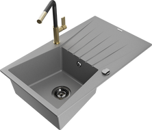 Mexen Cesar Granitspüle 1-Becken mit Abtropffläche und Küchenarmatur Flora, grau - 6514-71-670401-57-B