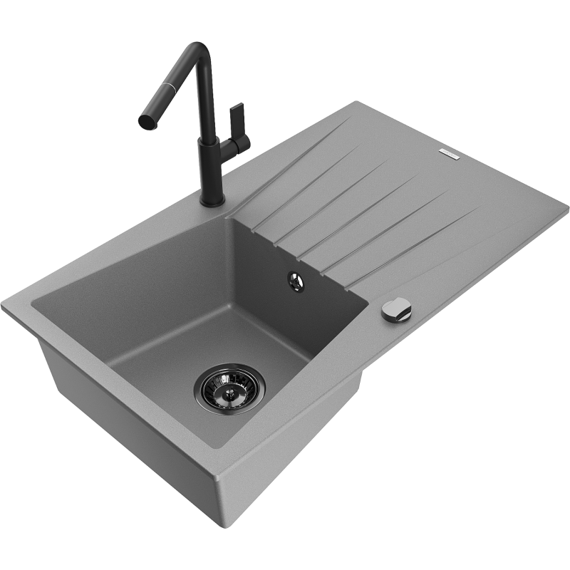 Mexen Cesar 1-Kammer Granitspüle mit Abtropffläche und Küchenarmatur Flora, grau - 6514-71-670401-70-B