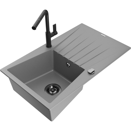Mexen Cesar 1-Kammer Granitspüle mit Abtropffläche und Küchenarmatur Flora, grau - 6514-71-670401-70-B