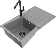 Mexen Cesar 1-Kammer Granitspüle mit Abtropffläche und Küchenarmatur Flora, grau - 6514-71-670401-70-B