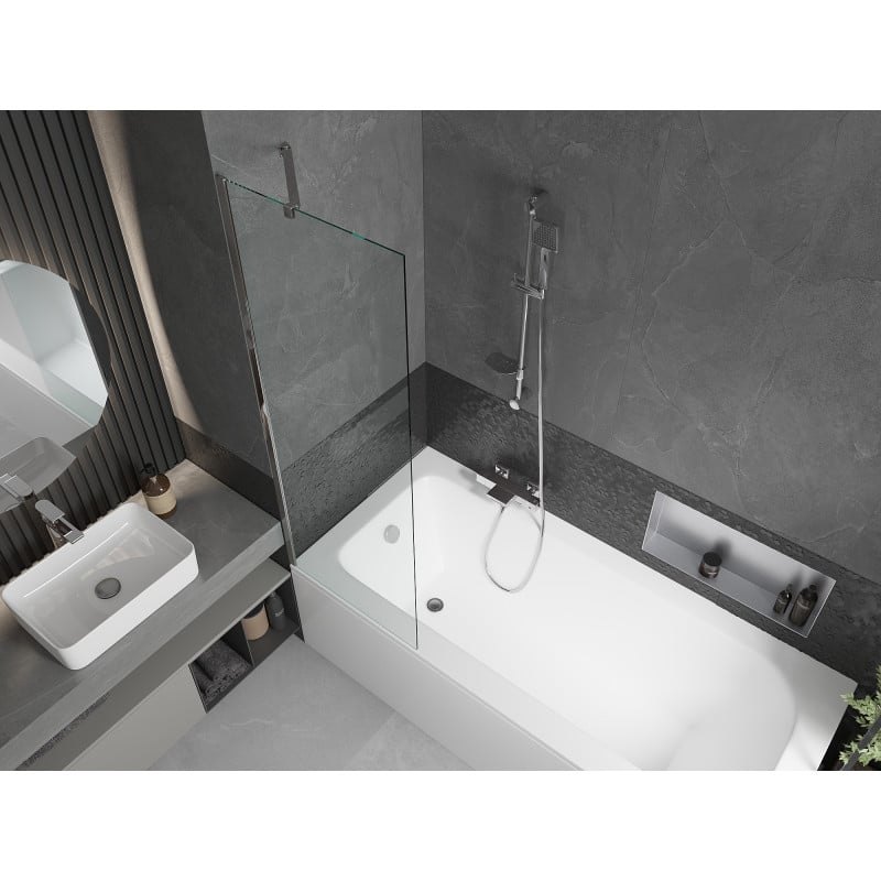 Mexen Vega Rechteckige Badewanne 170 x 70 cm mit Verkleidung und 1-flügeliger Trennwand 60 cm, transparent, chrom