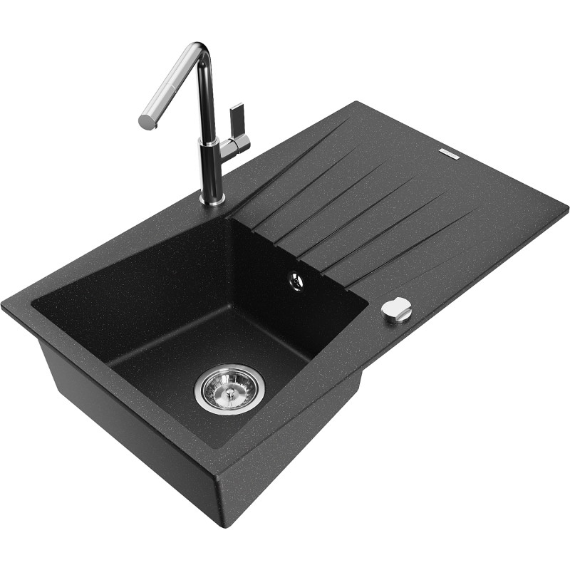 Mexen Cesar Granitspüle 1-beckig mit Abtropffläche und Küchenarmatur Flora, schwarz/silber metallic - 6514-73-670401-00