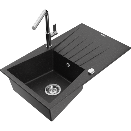 Mexen Cesar Granitspüle 1-beckig mit Abtropffläche und Küchenarmatur Flora, schwarz/silber metallic - 6514-73-670401-00