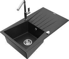 Mexen Cesar Granitspüle 1-Becken mit Abtropffläche und Küchenarmatur Flora, schwarz/silber Metallic - 6514-73-670401-00