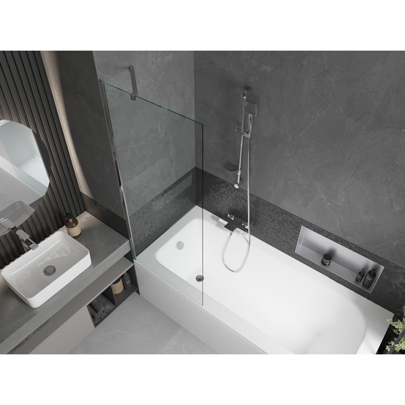Mexen Vega rechteckige Badewanne 170 x 70 cm mit Verkleidung und 1-flügeliger Abtrennung 70 cm, transparent, Chrom