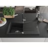 Mexen Cesar Granitspüle 1-Becken mit Abtropffläche und Küchenarmatur Flora, schwarz/silber metallic - 6514-73-670401-07