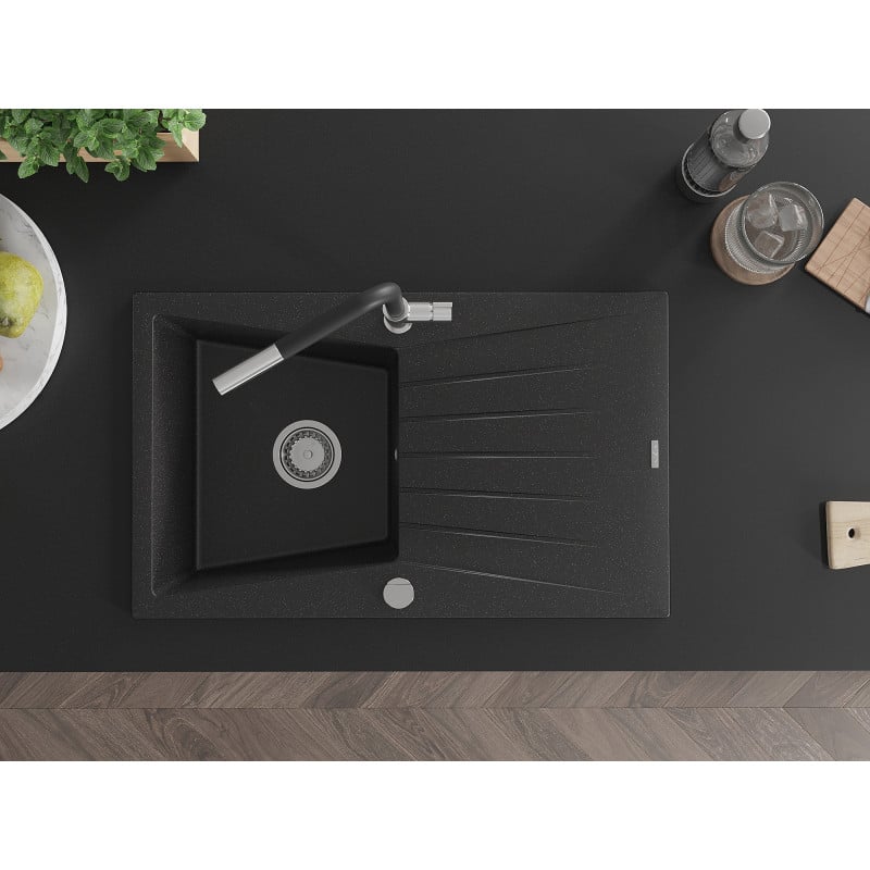 Mexen Cesar Granitspüle 1-Becken mit Abtropffläche und Küchenarmatur Flora, schwarz/silber metallic - 6514-73-670401-07