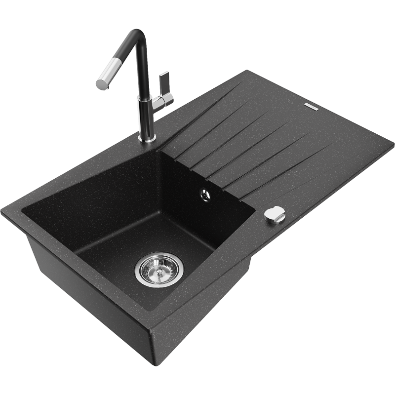 Mexen Cesar Granitspüle 1-Becken mit Abtropffläche und Küchenarmatur Flora, schwarz/silber metallic - 6514-73-670401-07