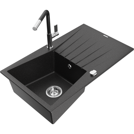 Mexen Cesar Granitspüle 1-Becken mit Abtropffläche und Küchenarmatur Flora, schwarz/silber metallic - 6514-73-670401-07