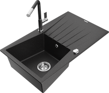 Mexen Cesar Granitspüle 1-Becken mit Abtropffläche und Küchenarmatur Flora, schwarz/silber metallic - 6514-73-670401-07