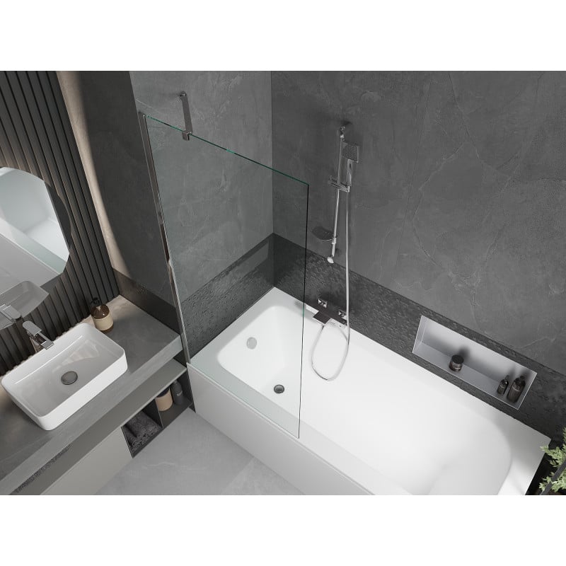 Mexen Vega Rechteckige Badewanne 170 x 70 cm mit Verkleidung und 1-flügeliger Duschwand 80 cm, transparent, Chrom