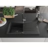 Mexen Cesar Granitspüle 1-Becken mit Abtropffläche und Küchenarmatur Flora, schwarz/silber metallic - 6514-73-670401-07-B
