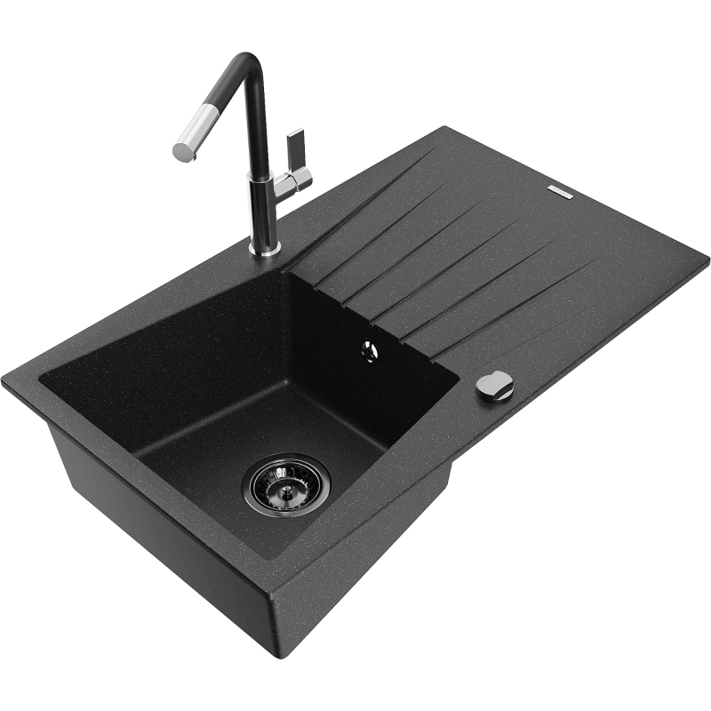 Mexen Cesar Granitspüle 1-Becken mit Abtropffläche und Küchenarmatur Flora, schwarz/silber metallic - 6514-73-670401-07-B