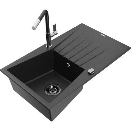 Mexen Cesar Granitspüle 1-Becken mit Abtropffläche und Küchenarmatur Flora, schwarz/silber metallic - 6514-73-670401-07-B