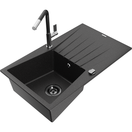 Mexen Cesar Granitspüle 1-beckig mit Abtropffläche und Küchenarmatur Flora, schwarz/silber metallic - 6514-73-670401-07-B
