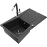 Mexen Cesar Granitspüle 1-Becken mit Abtropffläche und Küchenarmatur Flora, schwarz/silber metallic - 6514-73-670401-07-B