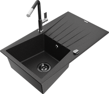 Mexen Cesar Granitspüle 1-Becken mit Abtropffläche und Küchenarmatur Flora, schwarz/silber metallic - 6514-73-670401-07-B