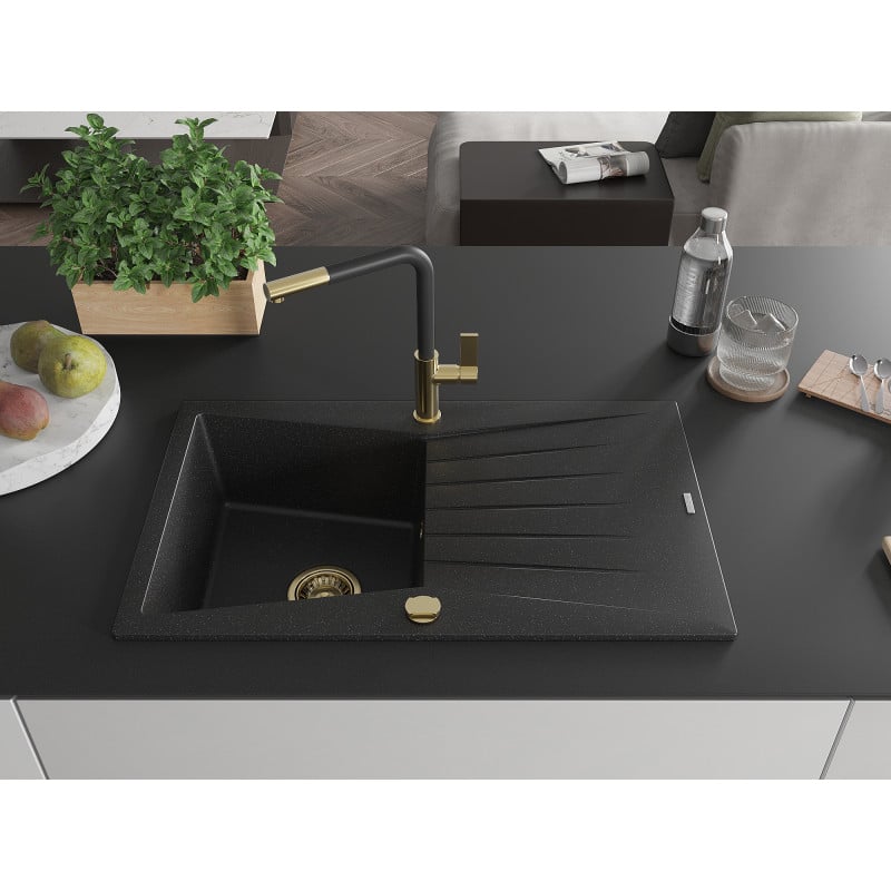 Mexen Cesar Granitspüle 1-Becken mit Abtropffläche und Küchenarmatur Flora, schwarz/silber Metallic - 6514-73-670401-57-G