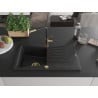 Mexen Cesar Granitspüle 1-Becken mit Abtropffläche und Küchenarmatur Flora, schwarz/silber Metallic - 6514-73-670401-57-G