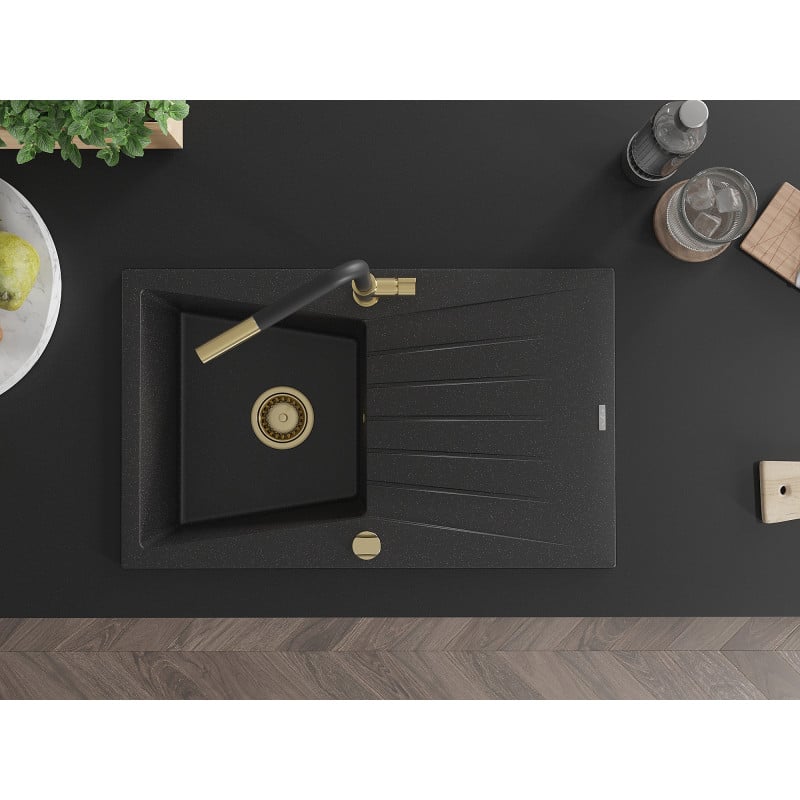 Mexen Cesar Granitspüle 1-Becken mit Abtropffläche und Küchenarmatur Flora, schwarz/silber Metallic - 6514-73-670401-57-G