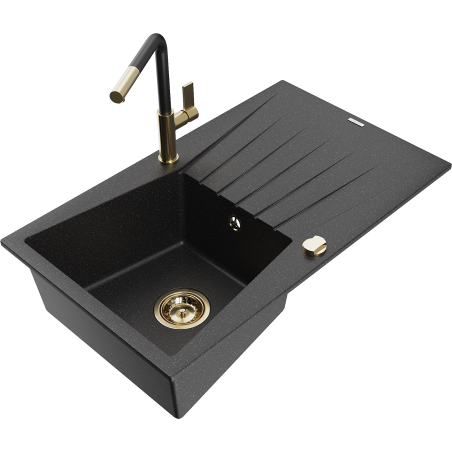 Mexen Cesar Granitspüle 1-Becken mit Abtropffläche und Küchenarmatur Flora, schwarz/silber Metallic - 6514-73-670401-57-G