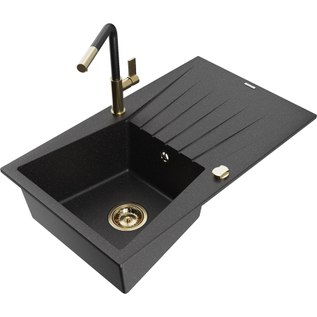 Mexen Cesar Granitspüle einteilig mit Abtropffläche und Küchenarmatur Flora, schwarz/silber metallic - 6514-73-670401-57-G