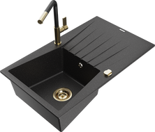 Mexen Cesar Granitspüle 1-Becken mit Abtropffläche und Küchenarmatur Flora, schwarz/silber Metallic - 6514-73-670401-57-G