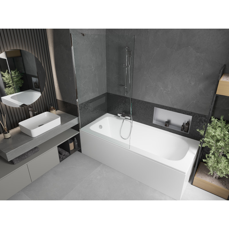 Mexen Vega Rechteckige Badewanne 170 x 70 cm mit Verkleidung und 1-flügeliger Abtrennung 100 cm, transparent, Chrom