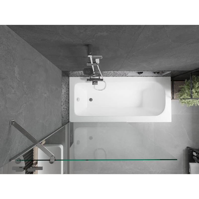 Mexen Vega Rechteckige Badewanne 170 x 70 cm mit Verkleidung und 1-flügeliger Abtrennung 100 cm, transparent, Chrom