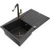 Mexen Cesar Granitspüle 1-Becken mit Abtropffläche und Küchenarmatur Flora, schwarz/silber metallic - 6514-73-670401-57-B