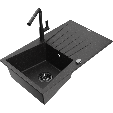 Mexen Cesar Granitspüle 1-Becken mit Abtropffläche und Küchenarmatur Flora, schwarz/silber metallic - 6514-73-670401-70-B