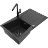 Mexen Cesar Granitspüle 1-Becken mit Abtropffläche und Küchenarmatur Flora, schwarz/silber metallic - 6514-73-670401-70-B