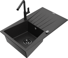 Mexen Cesar Granitspüle 1-Becken mit Abtropffläche und Küchenarmatur Flora, schwarz/silberner Metallic - 6514-73-670401-70-B