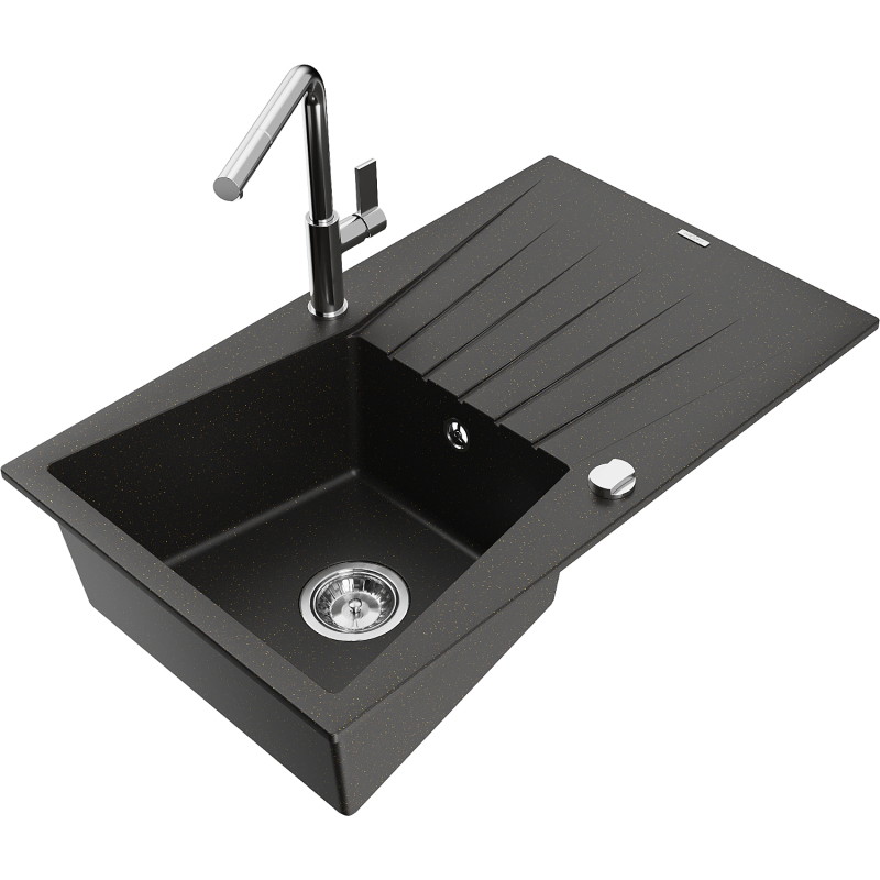 Mexen Cesar Granitspüle 1-becken mit Abtropffläche und Küchenarmatur Flora, schwarz/goldmetallik - 6514-75-670401-00