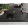 Mexen Cesar Granitspüle 1-Becken mit Abtropffläche und Küchenarmatur Flora, Schwarz/Gold Metallic - 6514-75-670401-57-G